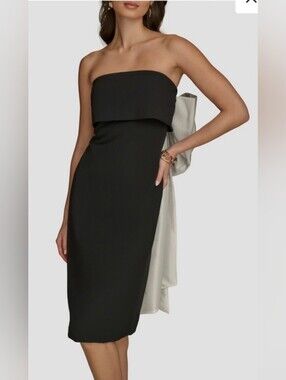 Donna Karan Black Strapless Midi Dress with Back Bow Detail